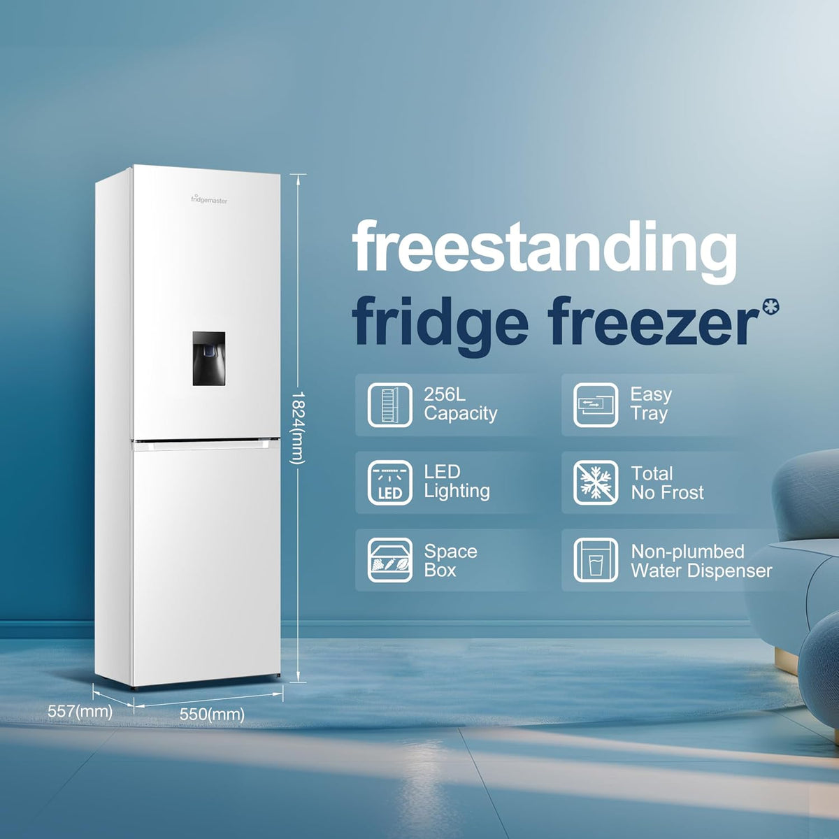 Freestanding Frost Free Fridge Freezer with Water Dispenser 256L White — image 2