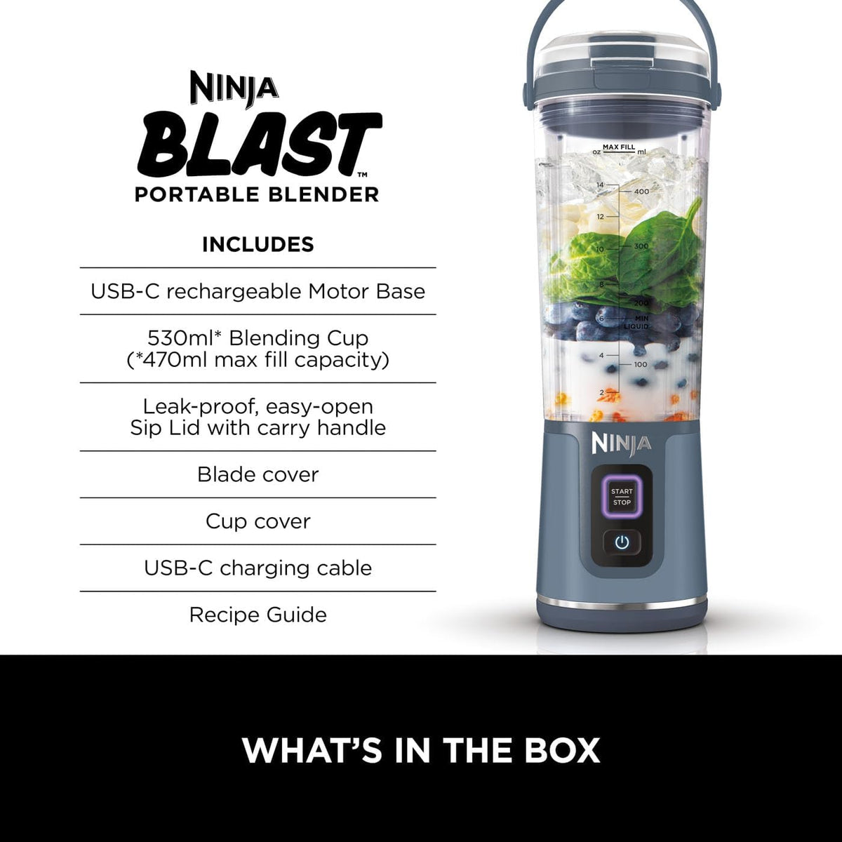 Ninja BC151UKNV Blast Cordless Portable Blender 530ml Denim Blue