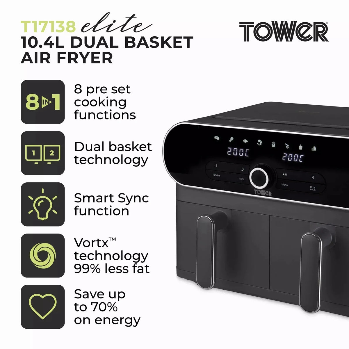 Tower T17138 Vortx Elite Dual Basket Air Fryer 10.4L Grey — image 2
