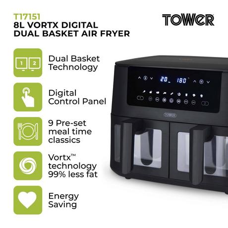 Tower Vortx Vizion T17151 Dual Basket Air Fryer 8L Black — image 2